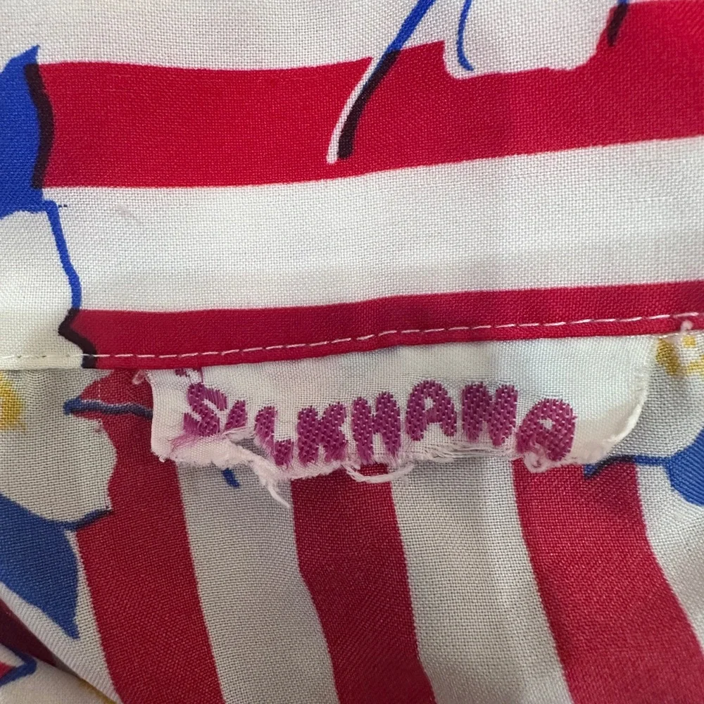 Vintage Silkhana Red White Striped Floral Button-Up Shirt | 80s 90s Blouse M - Picture 9 of 10